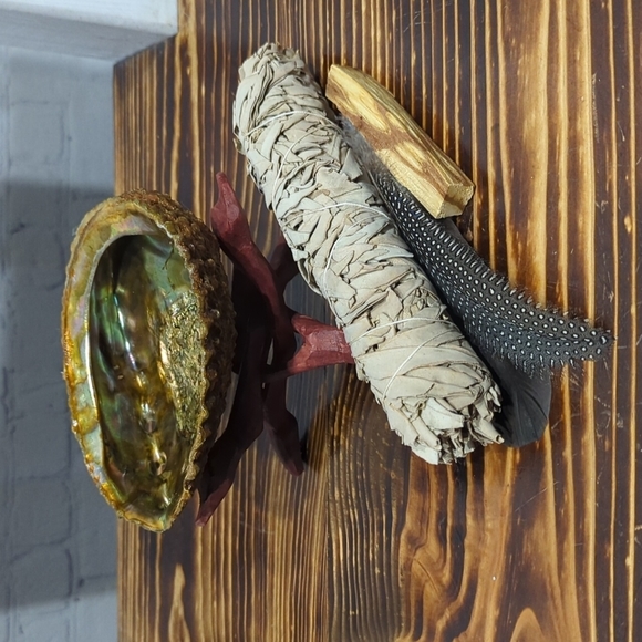 Handcrafted Sage and Polo Santo Smudge Kit w/ Wood Stand and Feathers. - Picture 1 of 3